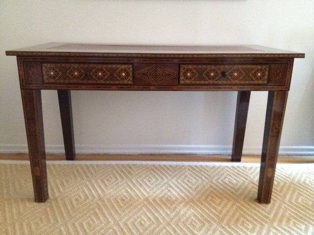 Handcrafted Veneer Inlay Damascus  Desk. Leather inlay top in excellent condition. Two front drawers. Inlay back & legs