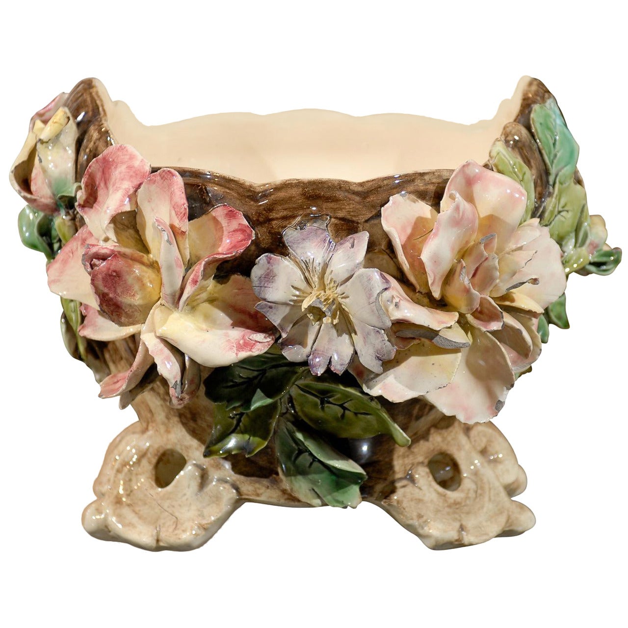 Vintage French Majolica Cachepot with Flowers, Circa 1920 For Sale