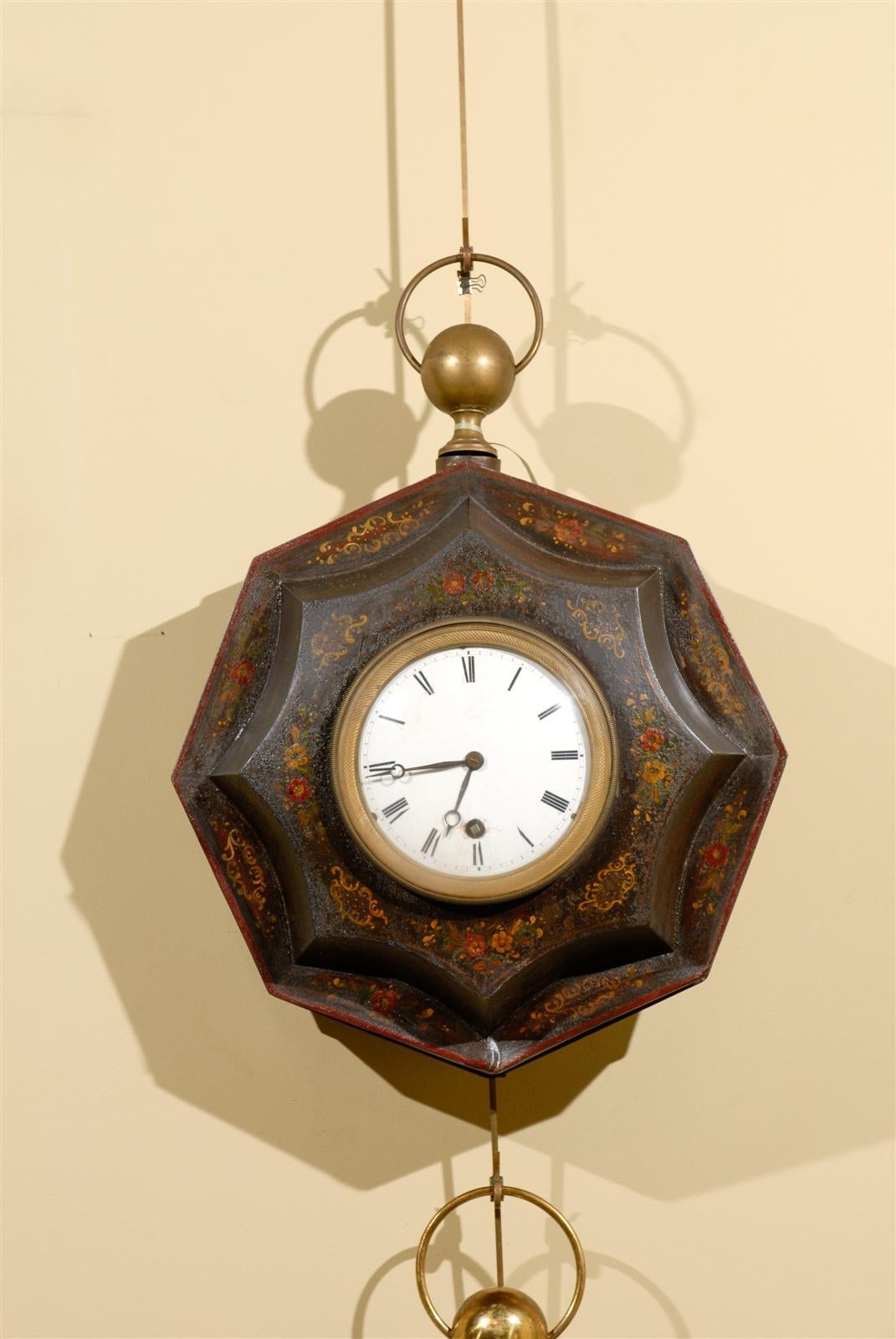 Two  19th Century Directoire Style Painted Tole Clocks, Circa 1820 For Sale 1