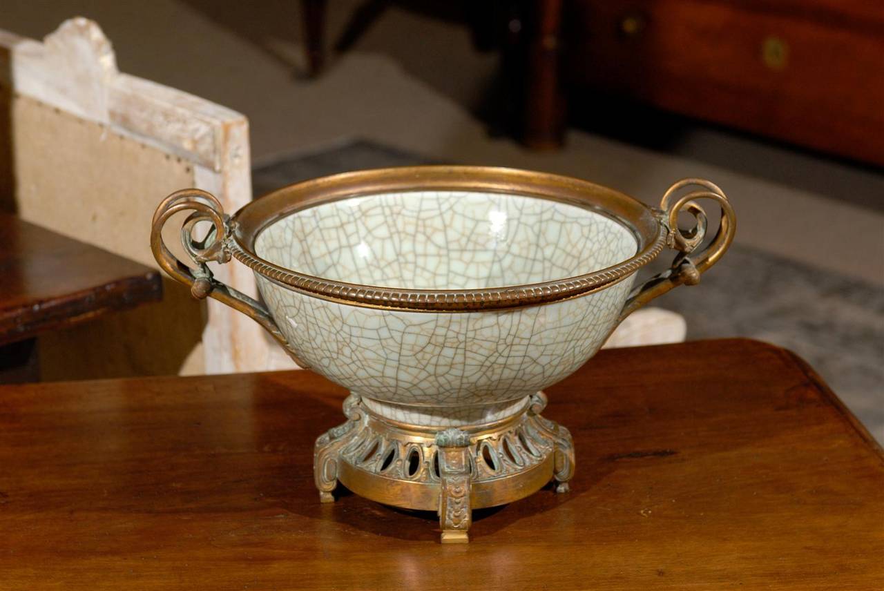 Porcelain 19th Century Chinese Crackleware Bowl with Bronze Fittings, Circa 1875 For Sale
