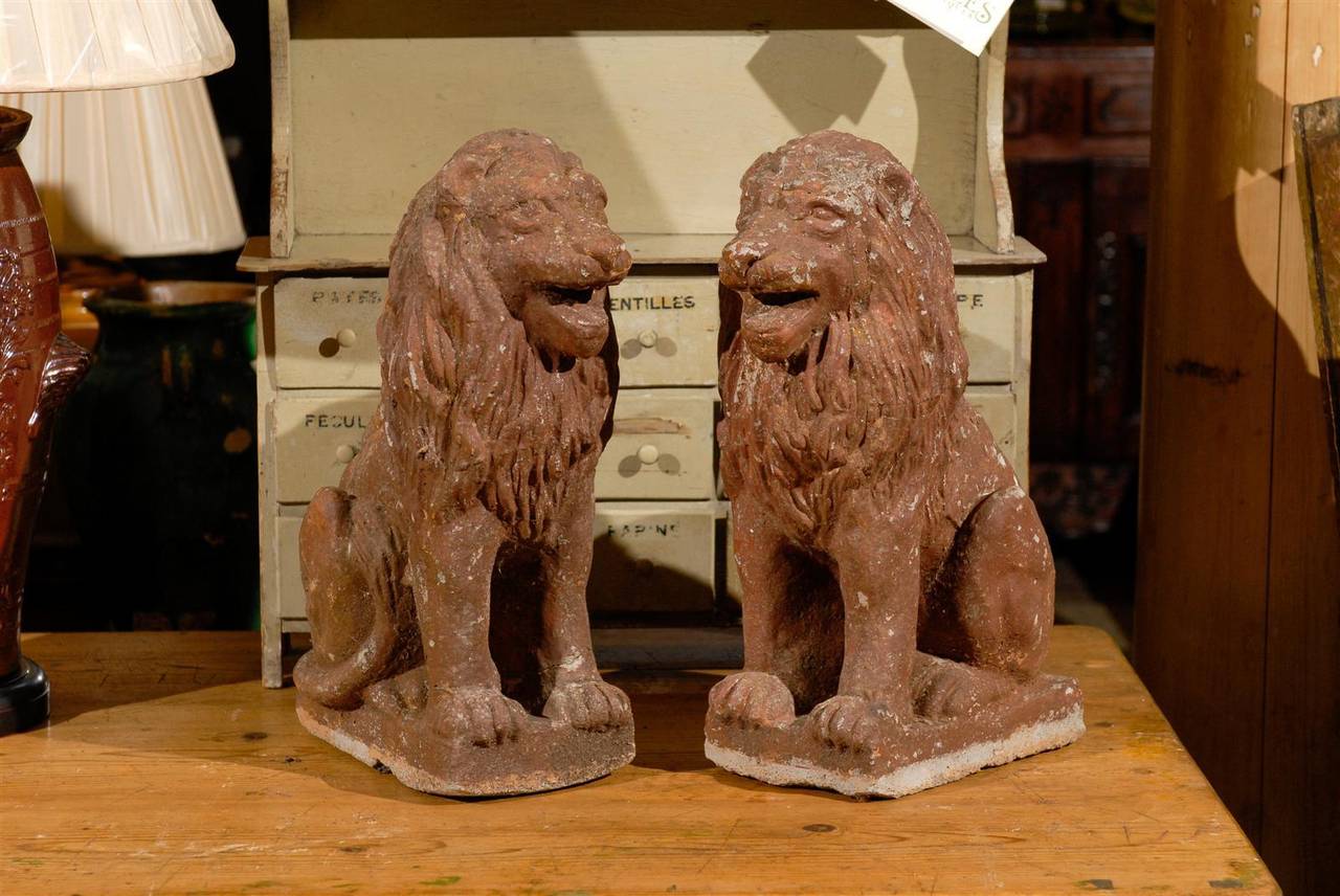 Pair of Early 20th Century Old Stone Lions from France, Circa 1910
If you have a secret garden, perhaps you need a pair of lions to guard the entrance.  If not, there are many other fun uses for this happy pair either inside or outside.