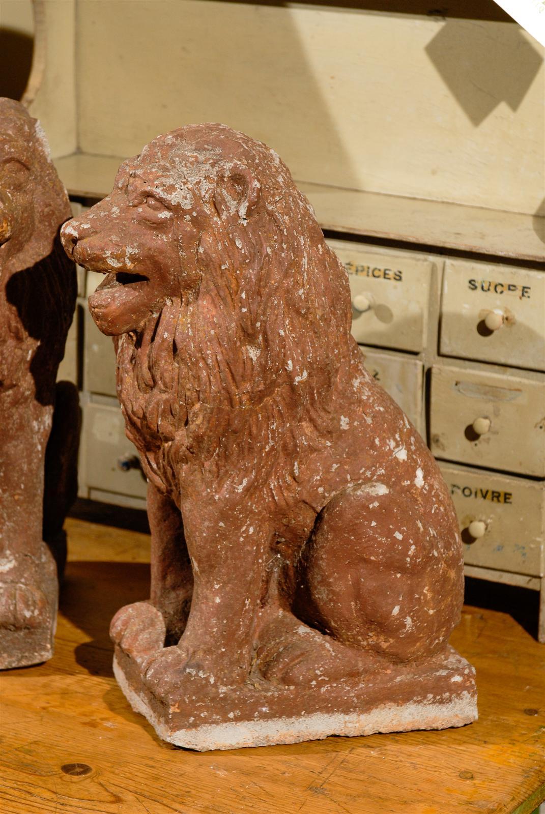 Cement Pair of Early 20th Century Old Stone Lions from France, Circa 1910 For Sale