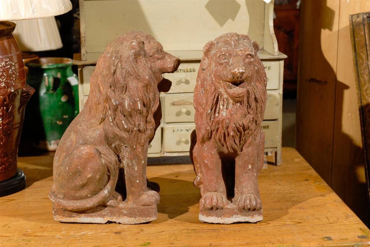 Cast Pair of Early 20th Century Old Stone Lions from France, Circa 1910 For Sale