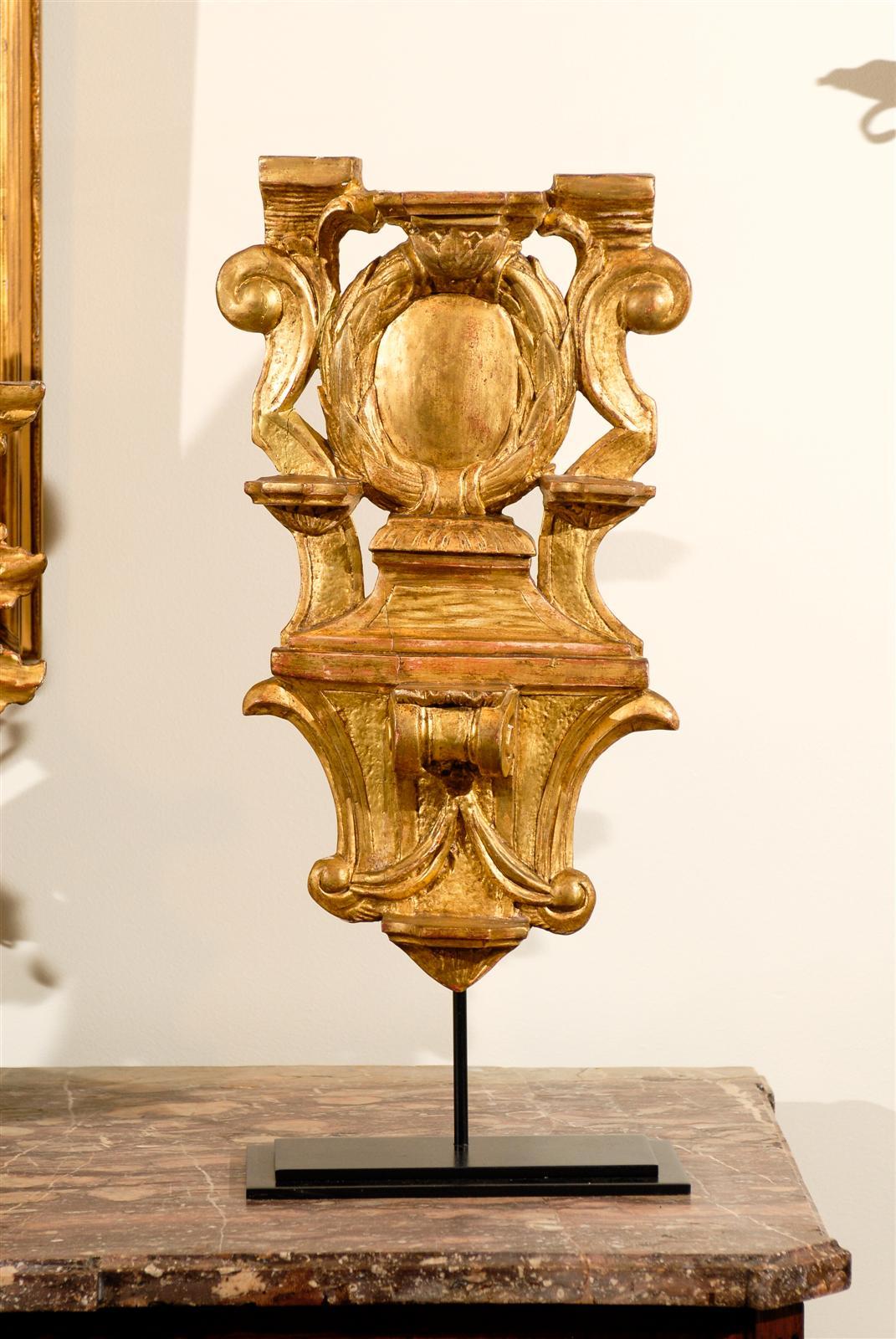 17th Century Gilded Wood Carving on Stand, Circa 1680
The center of a sideboard would be a great place for this sizable, well proportioned beauty. The very old finish with the red undercoat is what makes special. It is wonderful alone butt has five