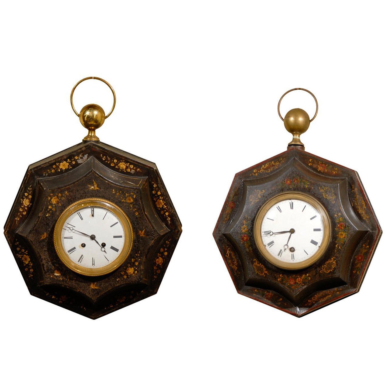 Two  19th Century Directoire Style Painted Tole Clocks, Circa 1820 For Sale