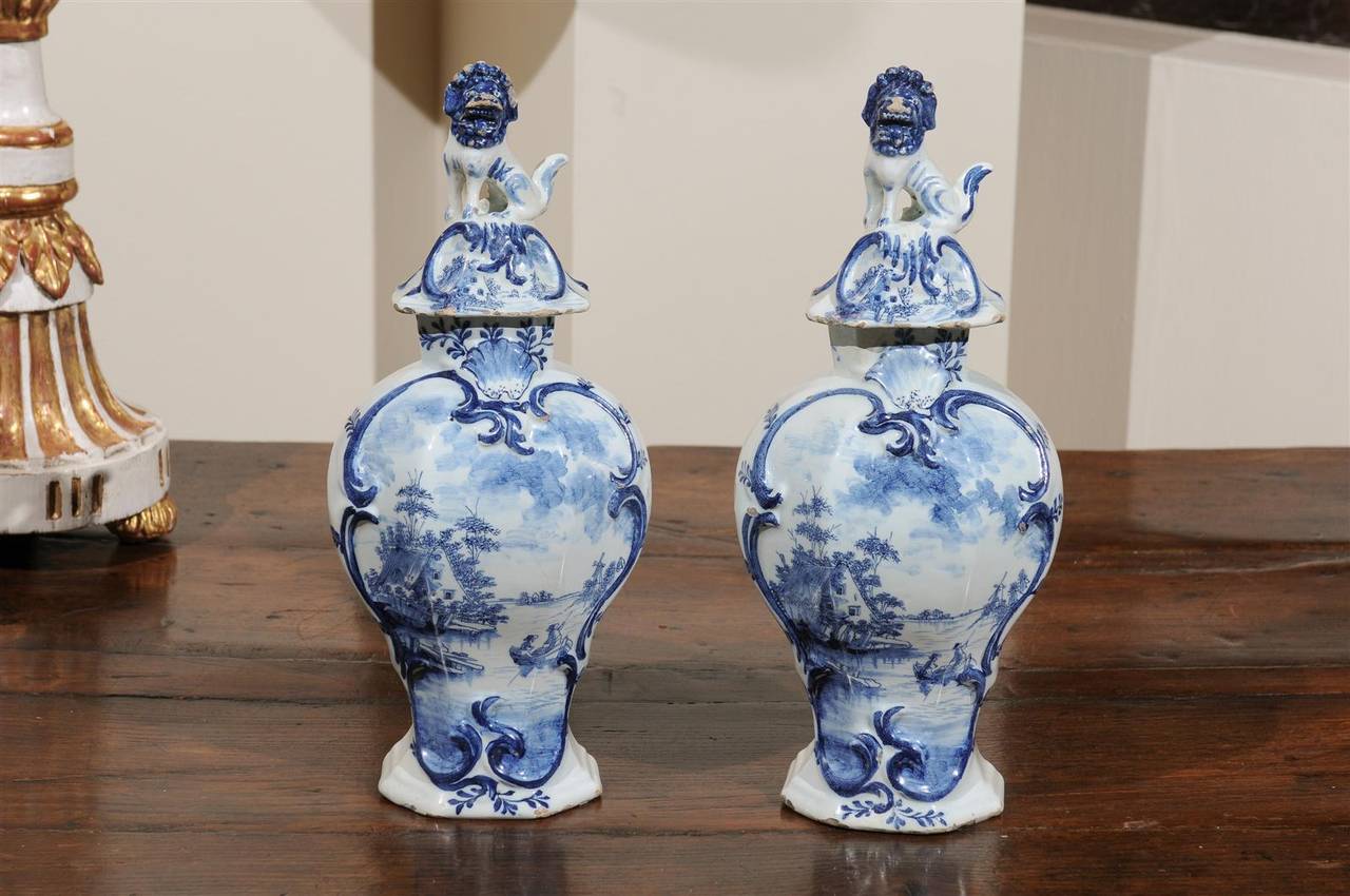 Pair of 19th Century Lidded Delft Vases