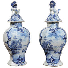 Pair of 19th Century Lidded Delft Vases