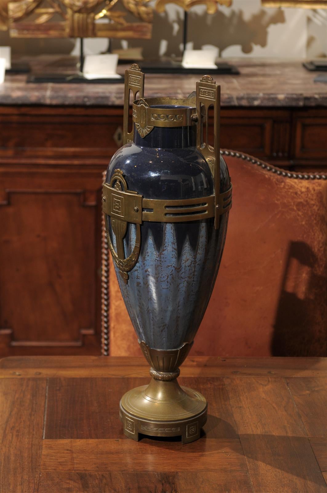 Etched Napoleon lll  Blue Porcelain Vase with Bronze Fittings, Circa 1880 For Sale