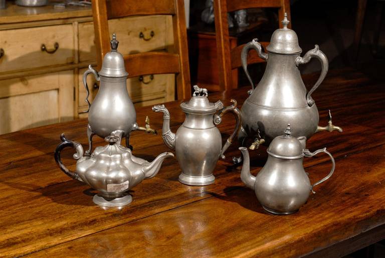 Collection of Antique Pewter Teapots, Samovars and Coffee Pots