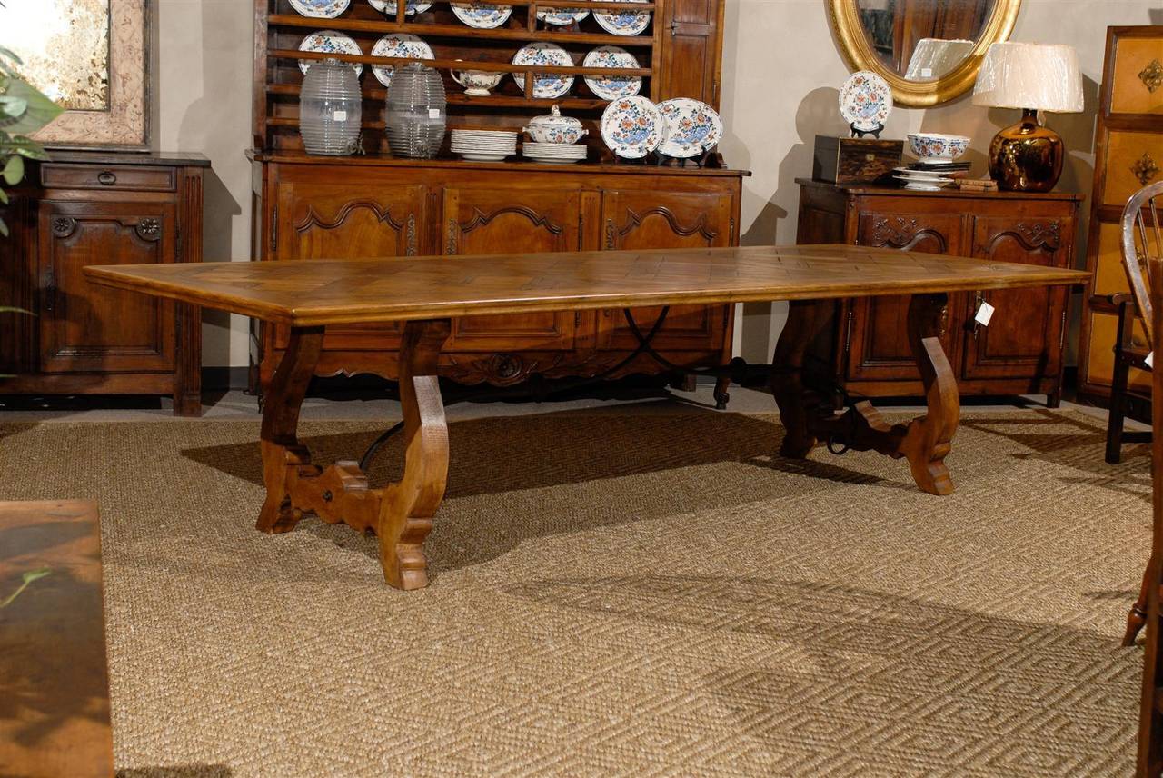 Antique Parquet Dining Table with Iron Stretchers