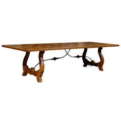 Antique Parquet Dining Table with Iron Stretchers