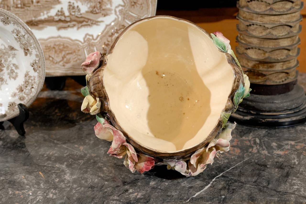 20th Century Vintage French Majolica Cachepot with Flowers, Circa 1920 For Sale