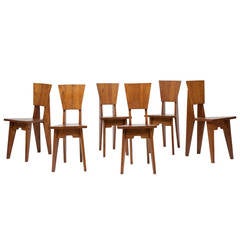 Jean-René Caillette, Set of Six Wooden Chairs, circa 1950