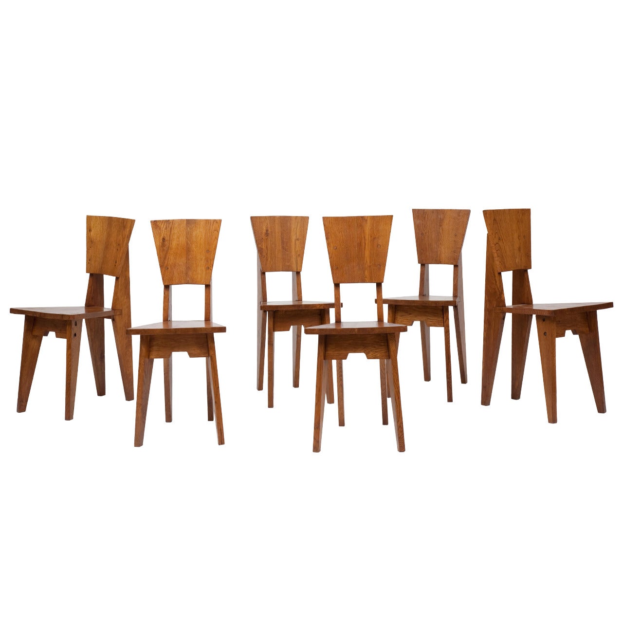 Jean-René Caillette, Set of Six Wooden Chairs, circa 1950