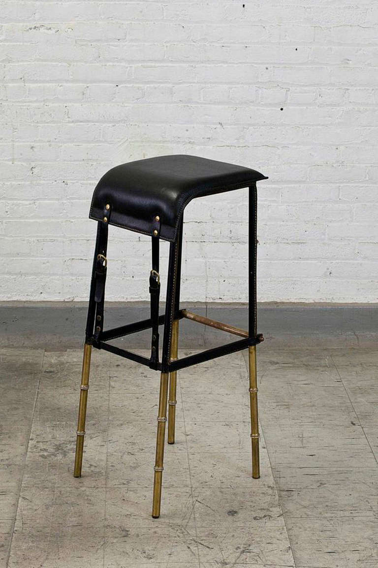 French Jacques Adnet, Set of Six Black Leather Stools