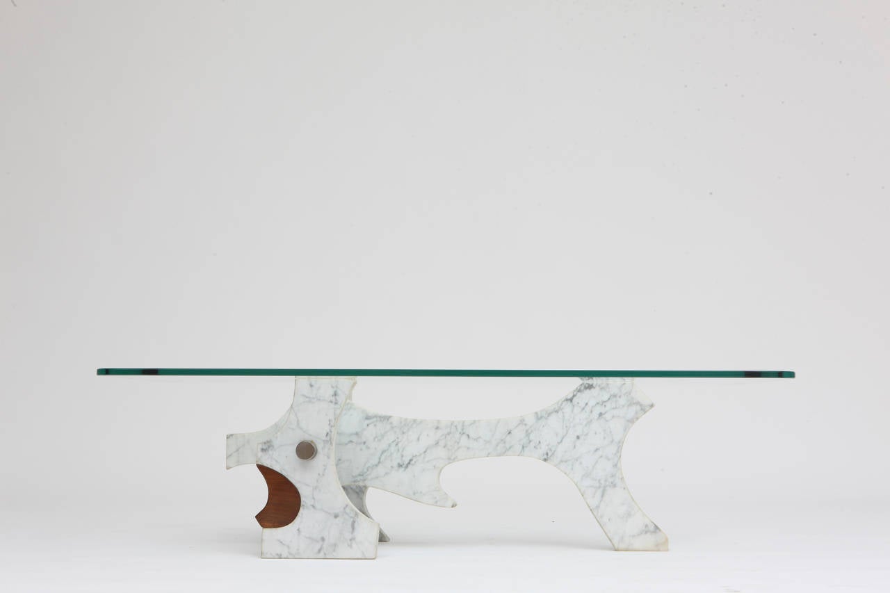 Fred Brouard marble coffee table, circa 1984.
Marble, glass and wood.