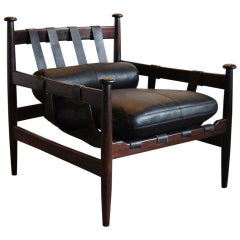 Brazilian Rosewood and Black Leather Armchair