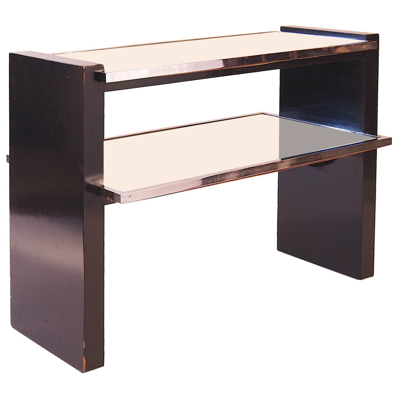 Black Lacquer, Steel and Mirrored Side Table by Jacques Adnet, France, 1950s For Sale