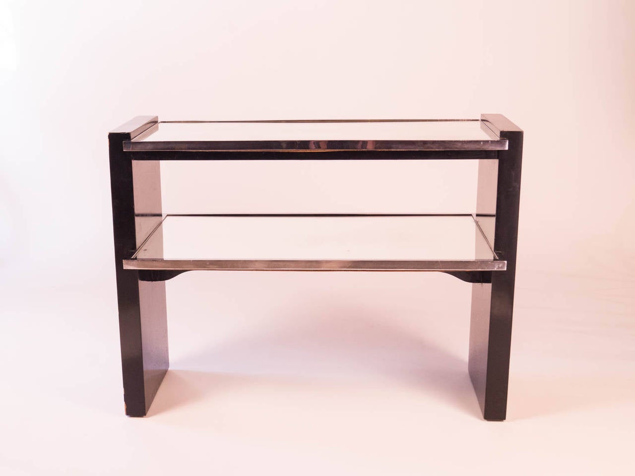 Modern Black Lacquer, Steel and Mirrored Side Table by Jacques Adnet, France, 1950s For Sale