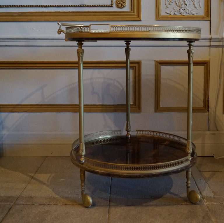 Lacquered goatskin and brass bar cart designed by Aldo Tura with removable glass and brass tray.