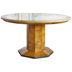 Burlwood and Travertine Top Center Table by John Widdicomb