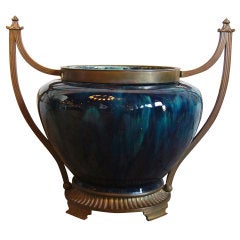 Large Glazed Ceramic Urn with Bronze Mount