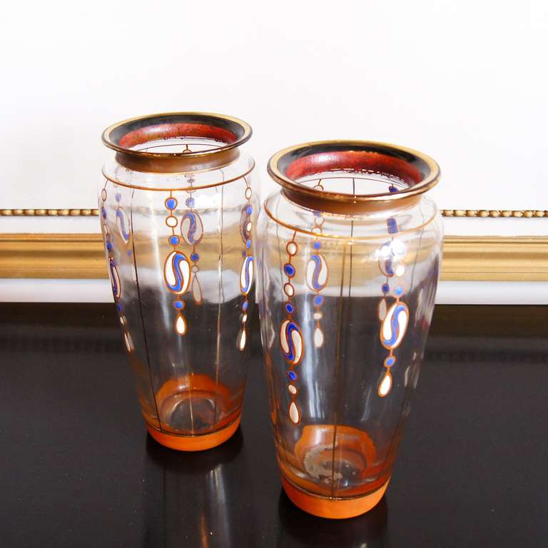 Pair of Art Deco Glass Vases from Manage, Belgium, Signed Scailmont. 

The Scailmont glassworks (verreries de Scailmont) was founded on the 26th of September 1901 by Henri-Raphaël Hirsch. The glassworks produced crystal and semi crystal items for
