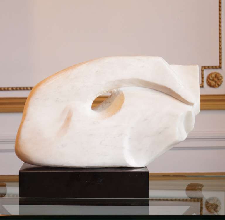 Abstract carrara marble sculpture on a wood base possibly 1970s-1980s.