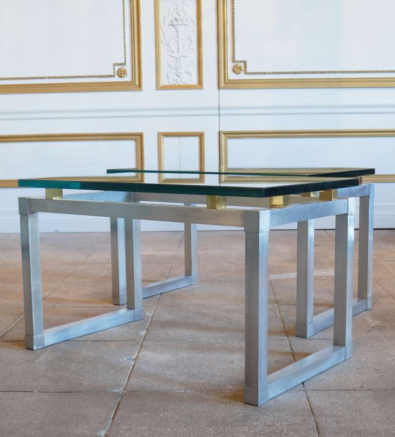 French Pair of Brushed Aluminum and Brass Side Tables, France 1970s