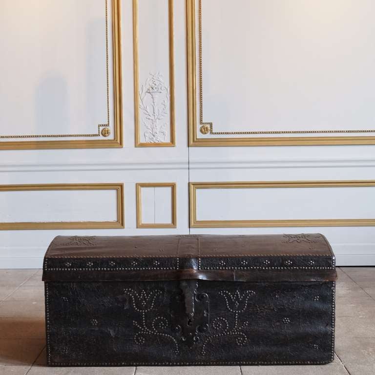 Louis XIII Style Leather Covered and Brass Nailhead Trunk, Early 18th C