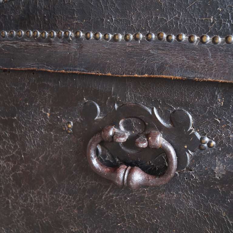 18th Century and Earlier Louis XIII Style Leather Covered and Brass Nailhead Trunk Early 18th Century