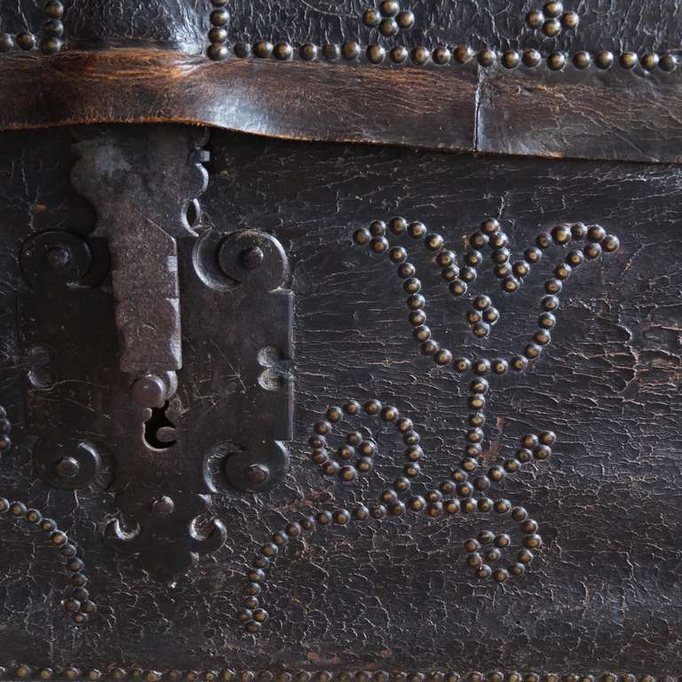 Louis XIII Style Leather Covered and Brass Nailhead Trunk Early 18th Century 1