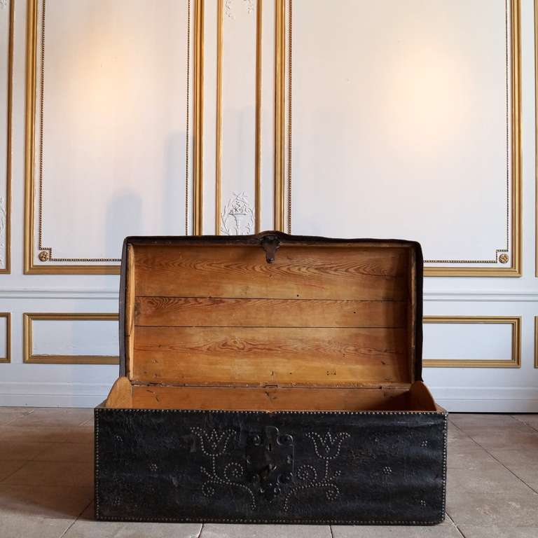Louis XIII Style Leather Covered and Brass Nailhead Trunk Early 18th Century 4