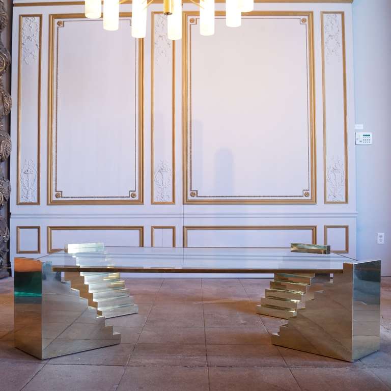 Glass Coffee Table with Corner Step Supports, Attributed to Steve Chase.