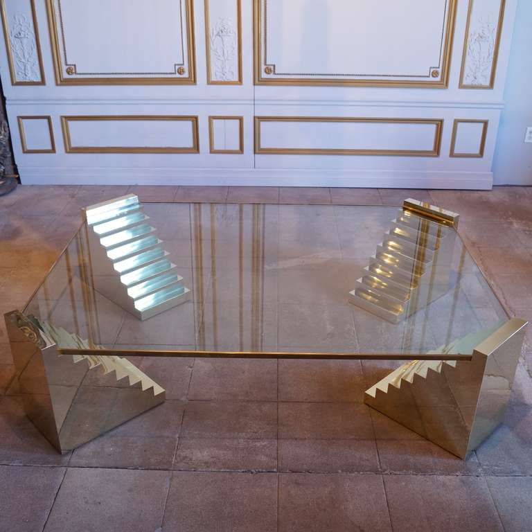 20th Century Glass Coffee Table with Corner Step Supports, Attributed to Steve Chase