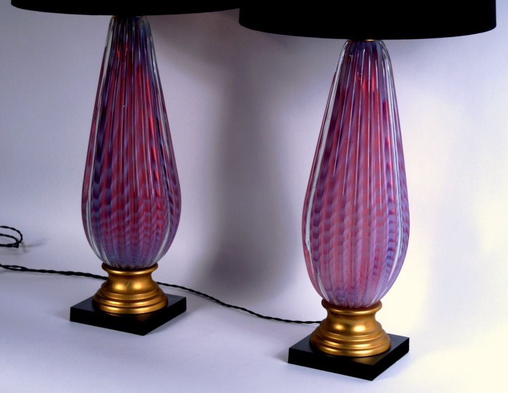Pair of Opalina Rosa Murano glass lamps by Seguso.<br />
Shade dimensions are 16