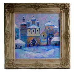 OIL ON CANVAS PAINTING OF A RUSSIAN VILLAGE, SIGNED SHUKMAN