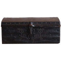 Antique Louis XIII Style Leather Covered and Brass Nailhead Trunk Early 18th Century