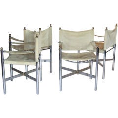 Set Of 4 Chrome And Brass Suede Chairs By Pace