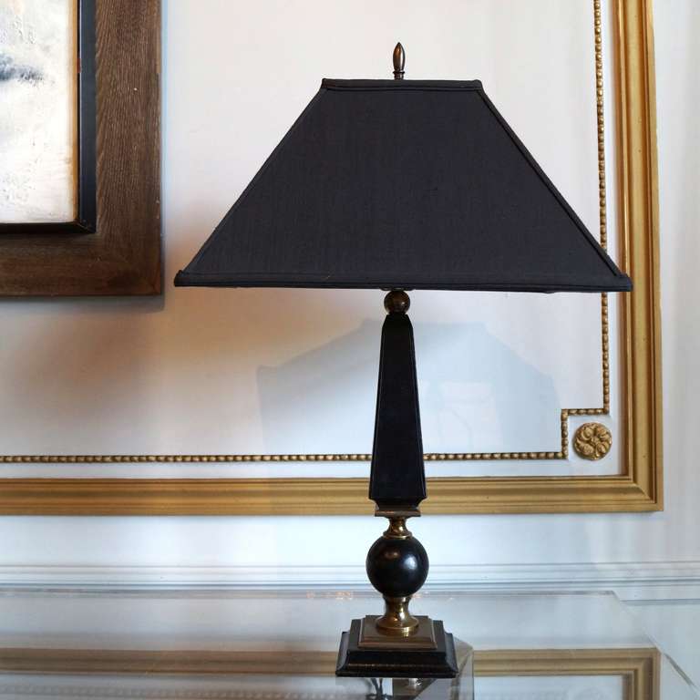 Leather and brass table lamp by Jacques Adnet, France, 1960's.  New custom lamp shade measures 6