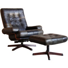 Iron, Leather and Rosewood Lounge Chair and Ottoman