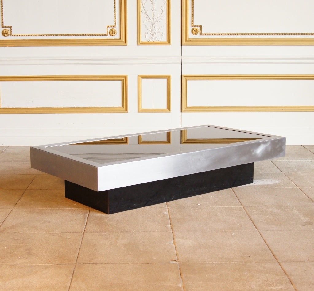 Italian Brushed Steel and Black Glass Coffee Table