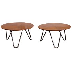 Pair of Oak Parquetry Top and Hair Pin Iron Legs Side Tables