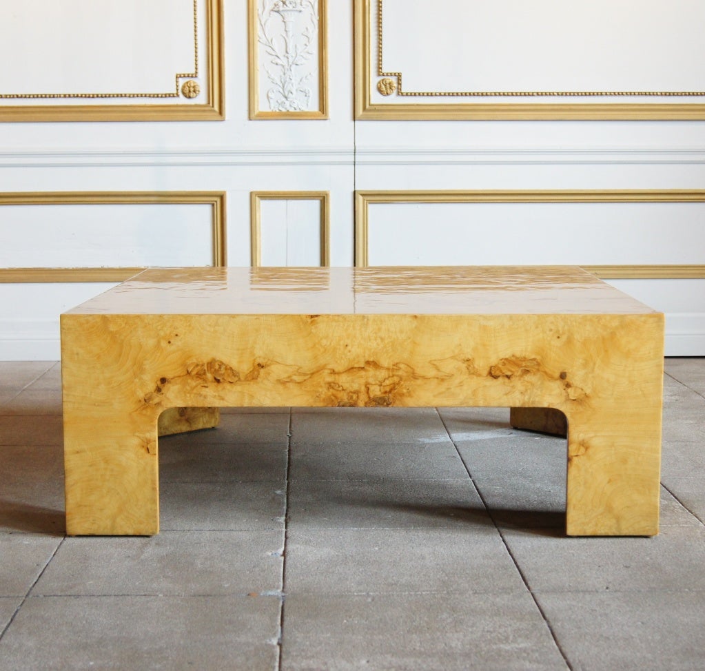 LACQUERED BURL WOOD COFFEE TABLE, ATTRIBUTED TO MILO BAUGHMAN, 1970'S USA