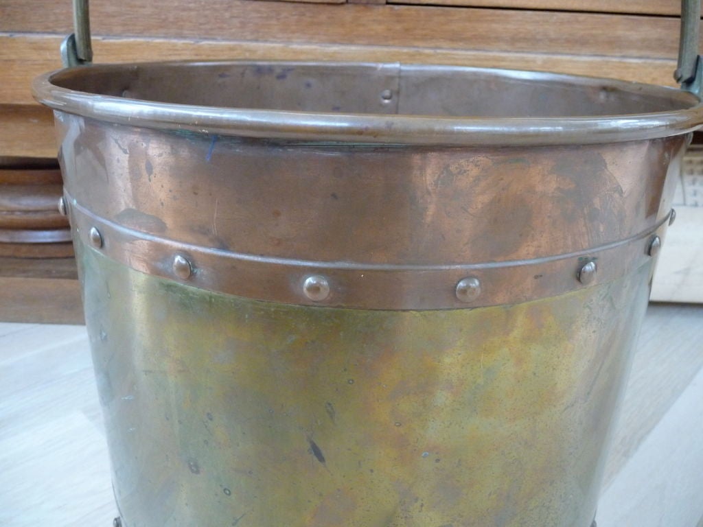 Folk Art French Brass And Copper Pail For Sale