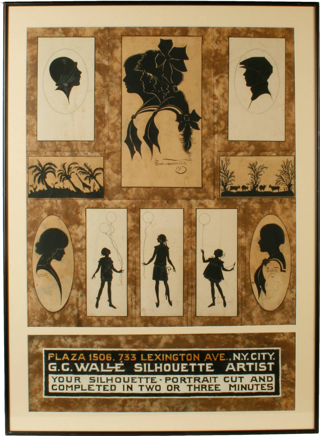 These three remarkable posters are a collage of hand-cut Silhouette portraits and dioramas done by Swedish artist Gustave C. Walle. They are signed and dated 1913. They advertise his Lexington Avenue location in New York and his work done on the