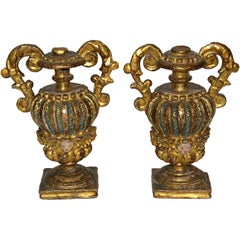 Pair of Italian Gilt Carved and Painted Urns, c1750