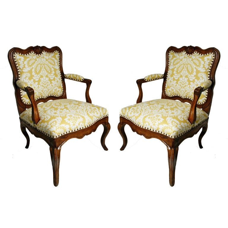 Pair of Italian Walnut Open Armchairs, c1750
