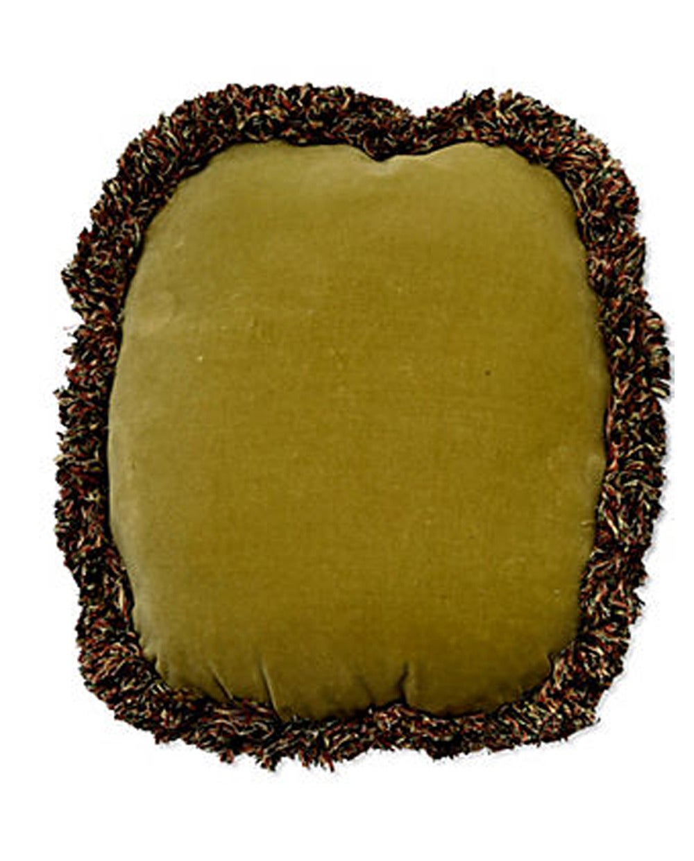 An oval throw pillow covered in 19th c antique Aubusson, coordinating brush fringe and backed with bronze colored cotton velvet.