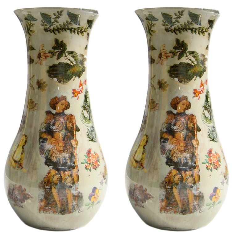 Pair of Reverse Polychrome Decorated Decalcomania Vases, Italian, circa 1860